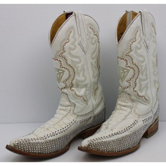 Vintage Mens White Diamond Crocodile Leather Sequin Stitched Cowboy Boots Sz 6.5 main image 9